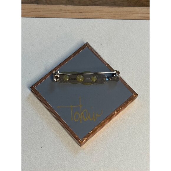 Pressed Flower Brooch Square Copper Frame Signed Tobin - Picture 8 of 9